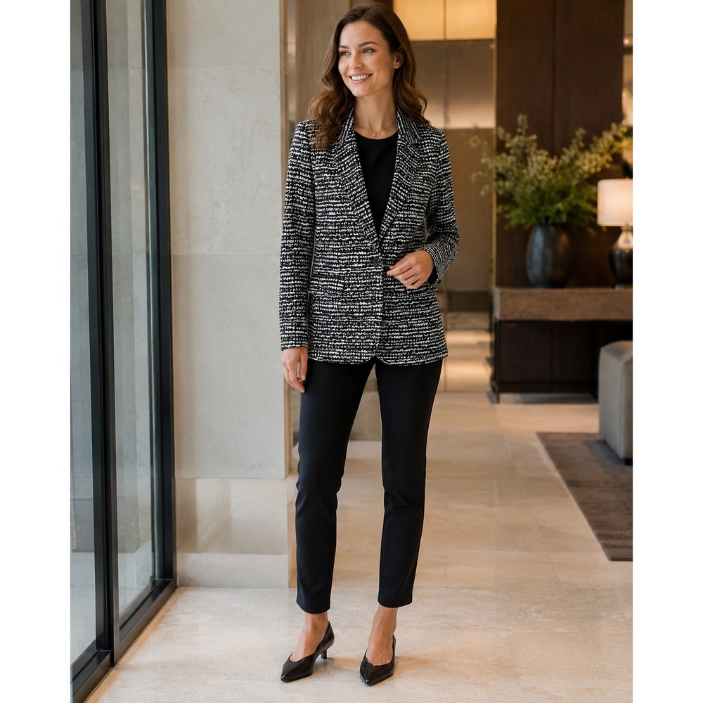 NWT Esqualo‎ Ponte Blazer S Black White Graphic Print Single Button